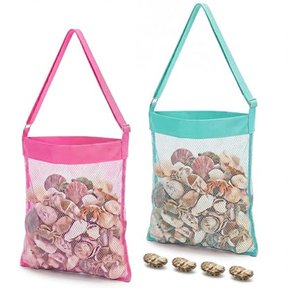VioraWhite 2 Pcs Extra Large 14 x 16inch Clam Mesh Chum Beach Bags for Seashells Clams Treasures Sand Away Foldable Shell Collection Bags with Adjustable Straps (Pink,Light Green) - color: Pink,Light Green