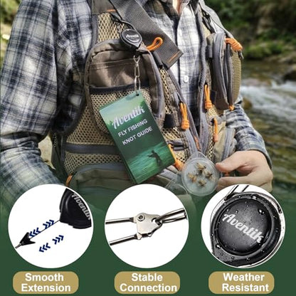 Aventik Fly Fishing Knot Tying Guide Cards with Zinger, Saltwater & Freshwater Laminated Reference, 4 Pro Setup Chains, 15 Essential Knots, Ruler & US Fishing Info QR, Fishing Gear Tool Gifts