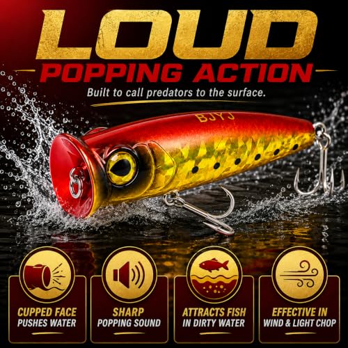 Topwater Popper Fishing Lure, 4in 0.81oz ABS Floating Saltwater Bait with BKK 3X #4 Treble Hooks, Foil-Stamped Finish for Inshore Striped Bass Redfish Snook Tarpon - color: A2-1PCS/0.81OZ-4"