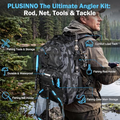 PLUSINNO Fishing Gear, Fishing Backpack with Fishing Rod, Tackle Box, Waterproof Tackle Backpack with Rod Holders,Lures, Tools, Pliers & Accessories, Fish Gifts for Men - color: Fishing Backpack with Fishing Rod and reel combo fishing gear