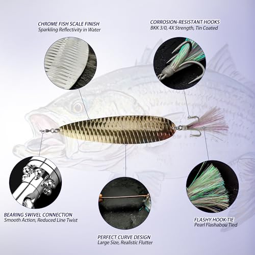 Magnum Flutter Spoon Deep Sea Jigging Fishing Lures, 7.5-9 Inch Large Hard Metal Sinking Trolling Casting Striper Fishing Spoon Baits for Striped Bass, Salmon, Walleye, Saltwater, Freshwater - color: B4 - 7.5" Classic - 3 Pcs - Gold, Siver, Rose Gold