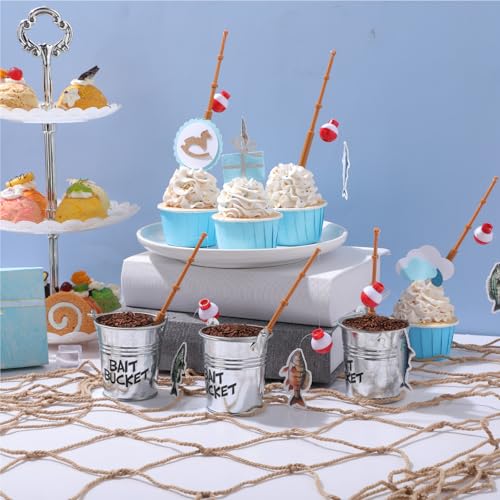 Soulchen 24 Pcs Mini Fishing Birthday Party Decorations Include 12 Fish Cupcake Pole Picks 12 Mini Tackle Bait Bucket 12 Bobber for Gone Fishing Theme Supplies Ocean Party Cake Decor - style: Bait Bucket