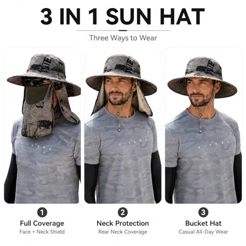 Sun Hat Unisex Face Coverage Shield Neck Flap Cap Garden Lawn Work Sports Hiking Fishing Hats - color: Khaki Ink Wash