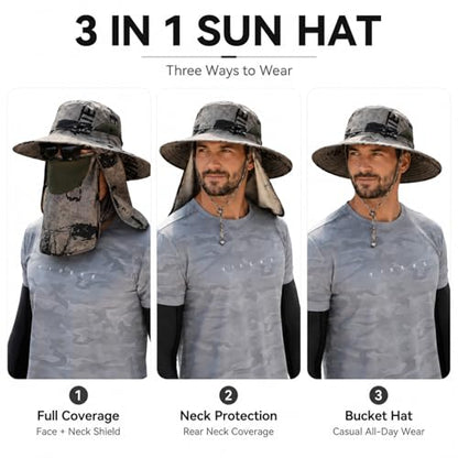Sun Hat Unisex Face Coverage Shield Neck Flap Cap Garden Lawn Work Sports Hiking Fishing Hats - color: Khaki Ink Wash