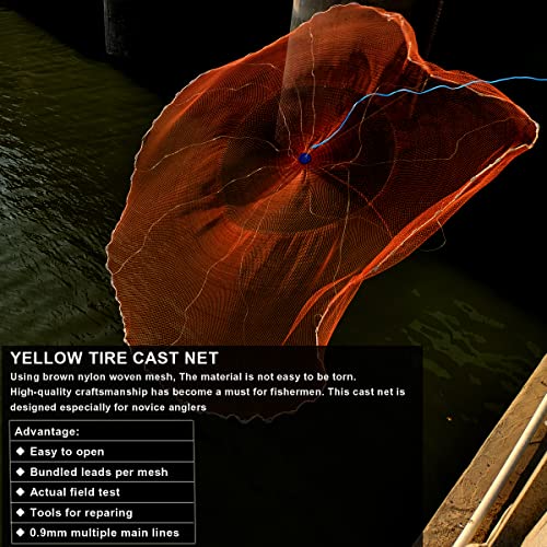 Drasry Saltwater American Fishing Cast Net 3/8inch Mesh Size for Bait Shrimp Trap Fish Heavy Duty Sinkers Throw Net 3FT/4FT/5FT/6FT/7FT/8FT/9FT/10FT Radius - color: yellow, size: 7FT Radius, style: Zinc-iron--tire Lines -3/8" Mesh 1lb/Ft