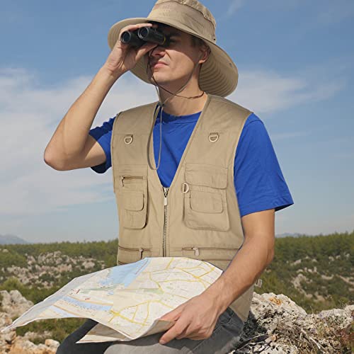Janmercy 2 Pieces Men's Work Fishing Vest with Hat Lightweight Safari Travel Hunting Waistcoat With Multi Pockets Fishing Hat - color: Dark Khaki,, size: Medium