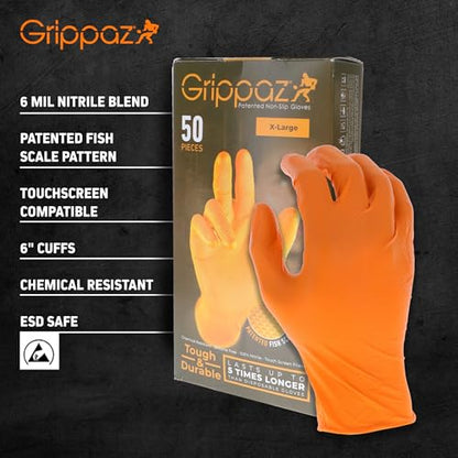 Grippaz 6 Mil Nitrile Disposable Gloves 50-Pack, Fish Scale Grip, Chemical & Oil Resistant, Orange, Large (G21071-L50) - size: Large