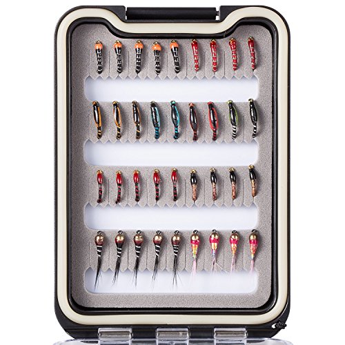 BASSDASH Fly Fishing Flies Kit Fly Assortment Trout Bass Fishing with Fly Box with Dry/Wet Flies, Nymphs, Streamers, Popper - style: 36 Pcs Nymph Midge Flies