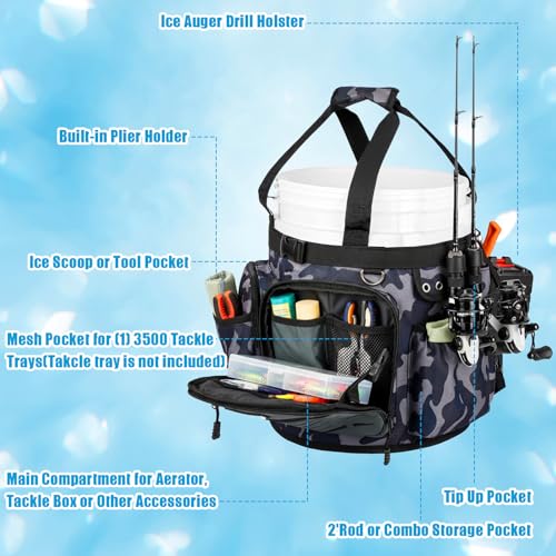 Soulchen Fishing Bucket Organizer with Cover, Ice Fishing Tackle Bag with Rod & Plier Holder, Multi-pockets for 5 Gallon Bucket Gear & Accessories, 34.2 x 11 Inch(Camouflage)