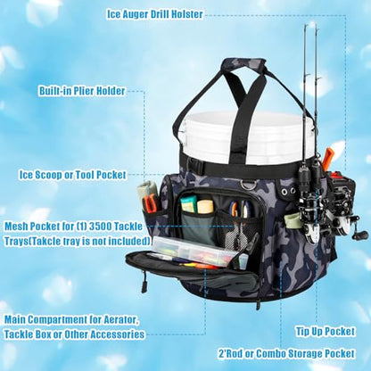 Soulchen Fishing Bucket Organizer with Cover, Ice Fishing Tackle Bag with Rod & Plier Holder, Multi-pockets for 5 Gallon Bucket Gear & Accessories, 34.2 x 11 Inch(Camouflage)