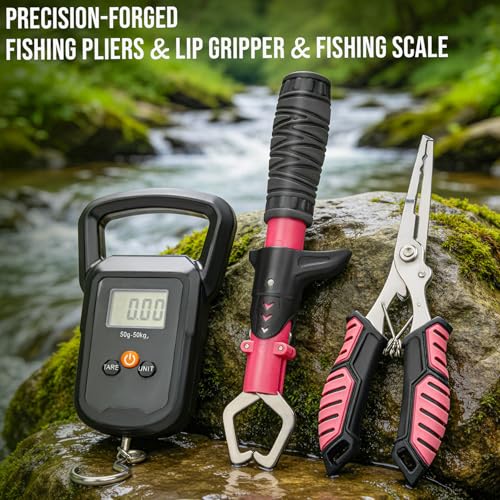 THKFISH 400PCS Fishing Lures Accessories Kit with Large 3-Layer Tackle Box Complete Freshwater Bass Fishing Gear Tools Set with Pliers, Fish Scale, Spinner bait, Hooks, Weights Sinkers, Gift for Women - color: Pink