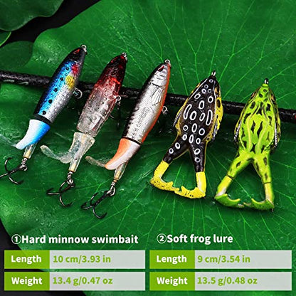 Topwater Bass Fishing Lure Kit, Plopping Propeller Tail Bigger Splash Whopping, Soft Plastic Frog Bait 3D Eyes Lifelike Body Pattern, for Bass Snakehead Musky Pike Walleye, 5 pcs… - color: A Group