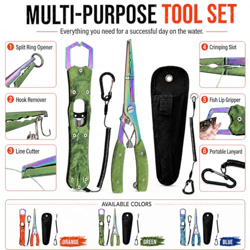 YINEE Fishing Pliers and Fish Lip Gripper Set, Stainless Steel Fishing Gear, Saltwater Hook Remover Split Ring Tool - color: Green-Fishing Pliers&Fish Lip Grippe