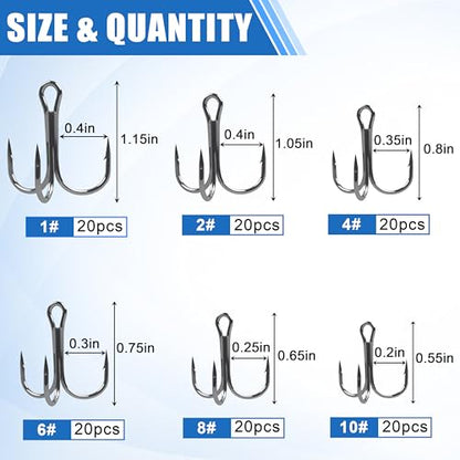 OROOTL Fishing Treble Hooks Kit, 120pcs Assorted Classic High Carbon Steel Treble Fishing Hooks Size 1 2 4 6 8 10 Round Bend Triple Hook for Saltwater Freshwater