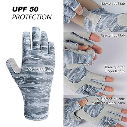 Bassdash ALTIMATE UPF 50+ Sun Protection Fingerless Fishing Gloves Men - color: Grey Camo, size: Large