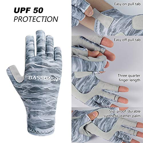 Bassdash ALTIMATE UPF 50+ Sun Protection Fingerless Fishing Gloves Men - color: Grey Camo, size: Medium