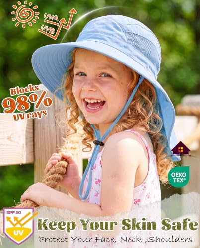 Home Prefer UPF50 Wide Brim Kids Sun Hat Neck Flap Boys Girls Sun Protection Hat for Beach Fishing - color: Light Blue, size: 4-8 Years