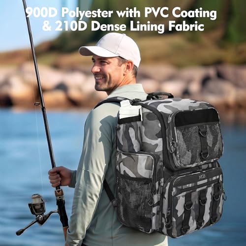 MGB 46L Water-resistant Fishing Tackle Backpack with Rod Holders, Fishing Gifts - color: Grey+black Camo（without Tackle Box）