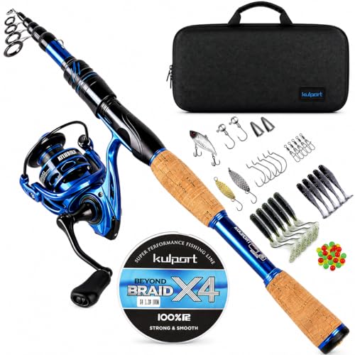 Telescopic Fishing Rod and Reel Combo | 30T Carbon Fiber Spinning Rod with 12+1BB Reel | Portable Lightweight Pole | Bass Trout Panfish | Freshwater Saltwater - color: Bule Rod and Reel
