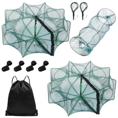 3 Pcs Fish Casting Net Collapsible Minnow Cage with Bait Box Rope Storage Bag, Folding Nylon Fishing Crabbing Equipment and Supplies for Lobster Crawfish Crayfish Crawdad Shrimp