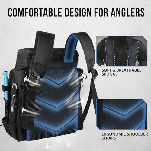 PLUSINNO Fishing Tackle Backpack with Rod Holders，42L Water-resistant Fishing Bag Store Fishing Gear,Fishing Gifts For Men. - color: Black