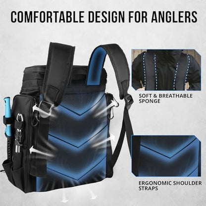 PLUSINNO Fishing Tackle Backpack with Rod Holders，42L Water-resistant Fishing Bag Store Fishing Gear,Fishing Gifts For Men. - color: Black