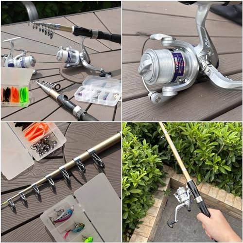 Fishing Pole Set Fishing Rod and Reel Combo,2PCS 1.9M/2.1M Collapsible Fishing Rod Set with 2 PCS Spinning Reels 2 Set of Lures Baits and a Carrier Bag,Prefect for Fishing Travel