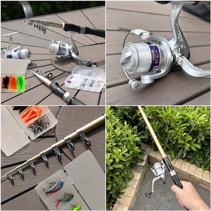 Fishing Pole Set Fishing Rod and Reel Combo,2PCS 1.9M/2.1M Collapsible Fishing Rod Set with 2 PCS Spinning Reels 2 Set of Lures Baits and a Carrier Bag,Prefect for Fishing Travel