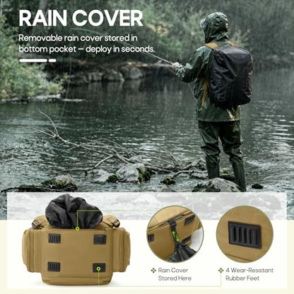 RAINSMORE Fishing Backpack, 45L Large Water-resistant Fishing Tackle Bag | with 4 Rod Holders & Insulated Cooler & Rain Cover Professional 900D Oxford Tackle Backpack for Men Gift Khaki - color: Khaki