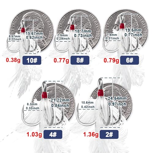 FishTrip 15Pcs Feathered Treble Hooks, Replacement Hooks for Fishing Lures | Wide Gap Needle Point Round Bend Triple Fish Hooks for Spinner Spoon Crankbait jerkbaits Saltwater Freshwater #10-#2 - size: 10#_15pcs