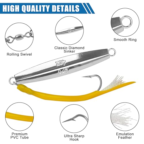 Diamond Jig Saltwater Fishing Lures Casting Jigging Spoon with Tube Tail Stainless Steel Hooks Trolling Lures Striped Bass Metal Jig for Deep Sea Surf Fishing Bottom Dragging Sinking - color: Yellow, size: 1 oz
