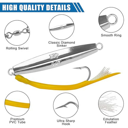 Diamond Jig Saltwater Fishing Lures Casting Jigging Spoon with Tube Tail Stainless Steel Hooks Trolling Lures Striped Bass Metal Jig for Deep Sea Surf Fishing Bottom Dragging Sinking - color: Yellow, size: 4 oz