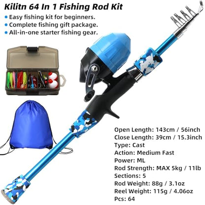 Kilitn Kids Fishing Pole Kit, Easy Fishing Telescopic Casting Rod and Spincast Reel Combos Full Set with Tackle and Travel Bag, for Boys, Girls, Youth, Starter - color: Blue Camouflage