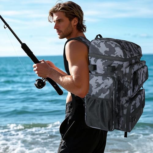 Fishing Tackle Backpack With Rod Holders,45L Large Tackle Bag & Fishing Tackle Backpack for Fishing,Camping, Hiking,Camouflage Gray - color: Camouflage Gray