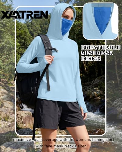 Xaatren 3 Pack Women's UPF 50+ Sun Hoodies with Face Mask Thumb Holes Quick Dry Fishing Shirts UV Protection Hiking Shirt - color: Black, Gray, Blue, size: Large