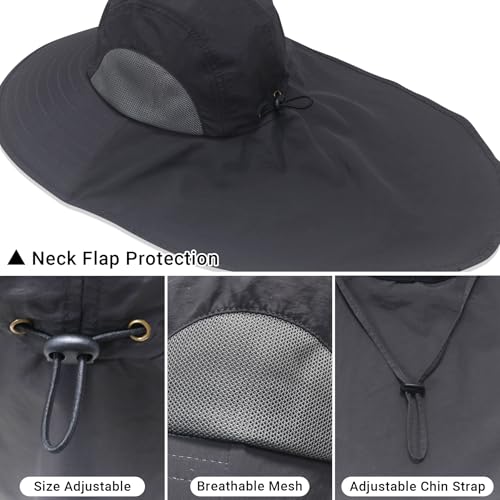 NPQQUAN Sun Hats for Men Women with Neck Flap UPF 50+ UV Protection Wide Brim Bucket Hat Safari Hiking Fishing Hats - color: Black（lightweight）