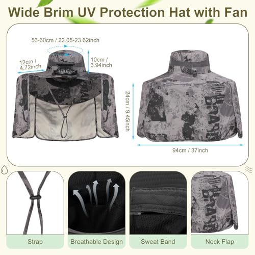 Maiteenly 2 Pcs Solar Fan Hat for Men with Neck Flap Bucket Fan Buit in Hats for Hiking Fishing Outdoor USB and Solar Powered - color: Dark Gray,black
