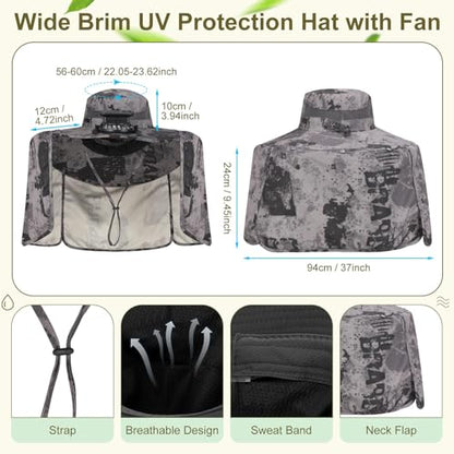Maiteenly 2 Pcs Solar Fan Hat for Men with Neck Flap Bucket Fan Buit in Hats for Hiking Fishing Outdoor USB and Solar Powered - color: Dark Gray,black