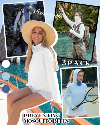 Xaatren 3 Pack Women's UPF 50+ Sun Hoodies with Face Mask Thumb Holes Quick Dry Fishing Shirts UV Protection Hiking Shirt - color: Navy Blue, Blue, White, size: Medium