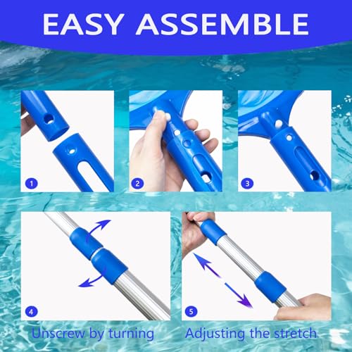 Heavy-Duty Pool Skimmer Net for Above Ground/Inground Pools - Telescopic Aluminum Pole with Fine Debris Mesh, Hot Tub & Spa Cleaning Tool - Compact No-Tangle Design