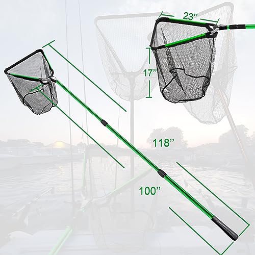 Fiblink Folding Aluminum Fishing Landing Net Fish Net with Extending Telescoping Pole Handle - size: Green:59-118 inches--(Extend Length)
