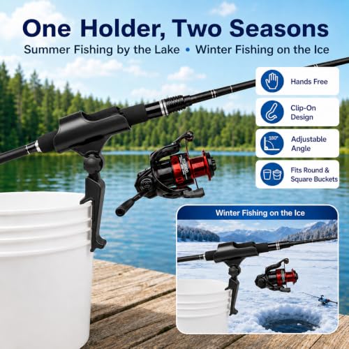 Huntury Adjustable Bucket Rod Holder for Ice Fishing, Clip On Mount, Foldable, Adjustable Angle, Ice Fishing Accessories - style: Single - Adjustment