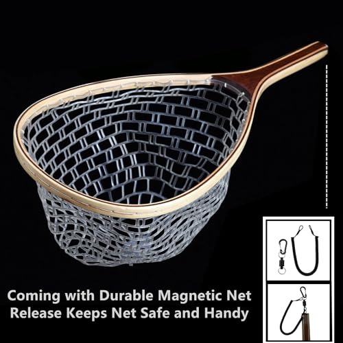 Fly Fishing Landing Net with Wood Handle Wooden Frame Soft Rubber Mesh or Waterproof Nylon Mesh Nets with Magnetic Release for Trout Bass Fish Catch and Release - color: Rubber Net with Magnetic Release