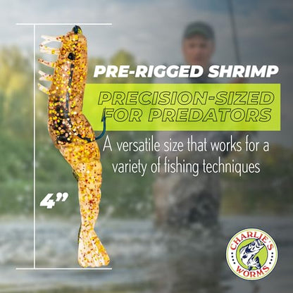 Charlie's Worms Soft Plastic Shrimp - Scented Fishing Bait - 3pk - color: Glow & Gold Glitter