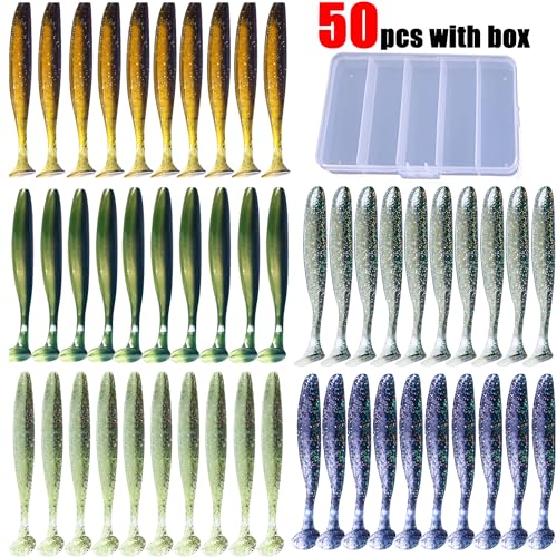 Fishing Soft Plastic Lures, Paddle Tail Swim Baits for Bass Fishing,Paddle Tail Swimbaits for for Bass Trout Walleye Lures, 30/50pcs Soft Plastic Baits with Box - color: A:1.97in/0.042oz-50pcs