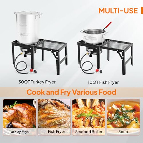 ROVSUN 30QT Turkey Fryer & 10QT Fish Fryer Kit w/ 55,000BTU Propane Stove, Aluminum Outdoor Deep Fryer & Seafood Boiler Steamer w/Baskets, Thermometer, Marinade Injector, Turkey Rack & Rack Lifter - size: 30QT&10QT