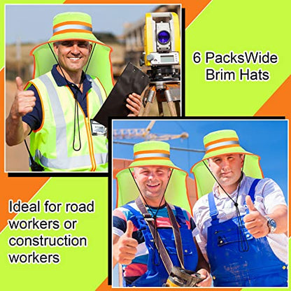 6 Pcs Reflective Safety Hat High Visibility Neck Flap Boonie Hat Wide Brim Work Hats Breathable Bucket Cap for Worker - color: Yellow