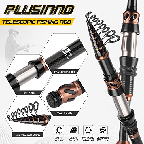 PLUSINNO Fishing Rod and Reel Combos - Carbon Fiber Telescopic Fishing Pole - Spinning Reel 12 +1 Shielded Bearings Stainless Steel BB - color: X-Full Kit With Carrier Bag, size: 2.7M 8.86FT
