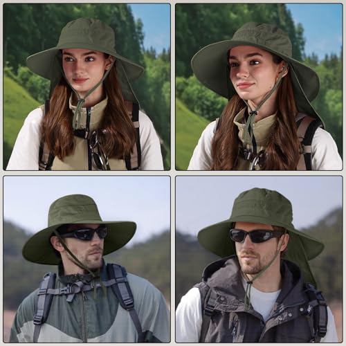 Sun Hats for Men Women, UPF50+ Protection Safari Hat,Wide Brim Fishing Hat with Neck Flap,Bucket Hats for Beach Hiking - color: Green