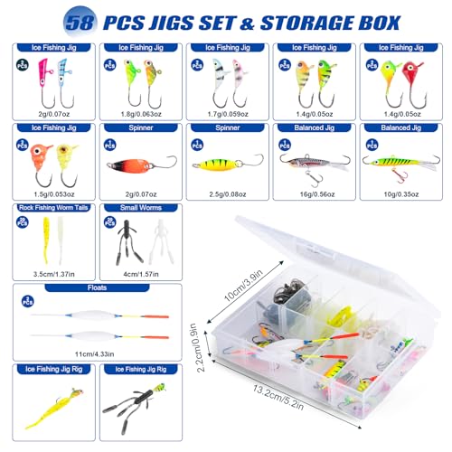 Goture Ice Fishing Rod and Reel Combo with Carry Bag, 24''Medium Spinning Ice Fishing Pole, 58Pcs Jigs & Lures with Storage Box, Line,Fish Gripper, Pliers and Tools for Trout Bass Walleye - color: 10Pcs Ice Fishing Kit A3 (58Pcs Jig Set )